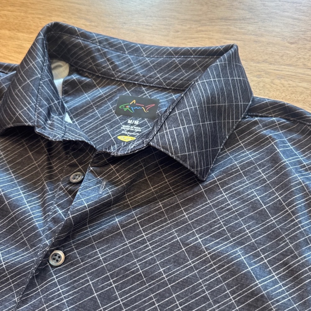 Greg Norman Play‎ Dry Mens Golf Polo Shirt Medium Gray Grid Pattern Performance